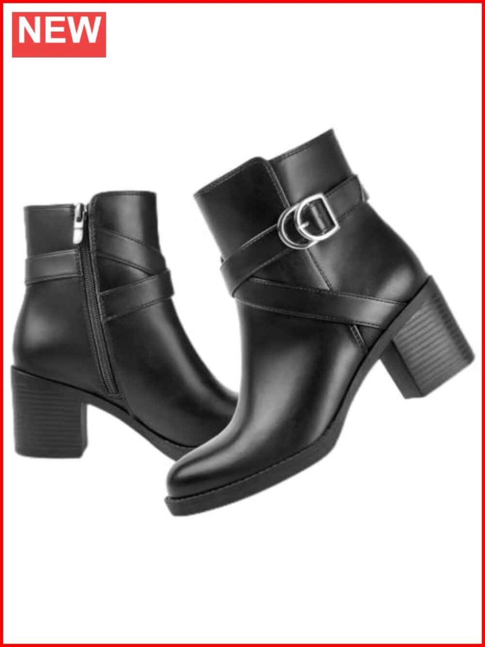 Women's Zipper Ankle Boots Chunky Stacked Heel Buckle Strap Booties